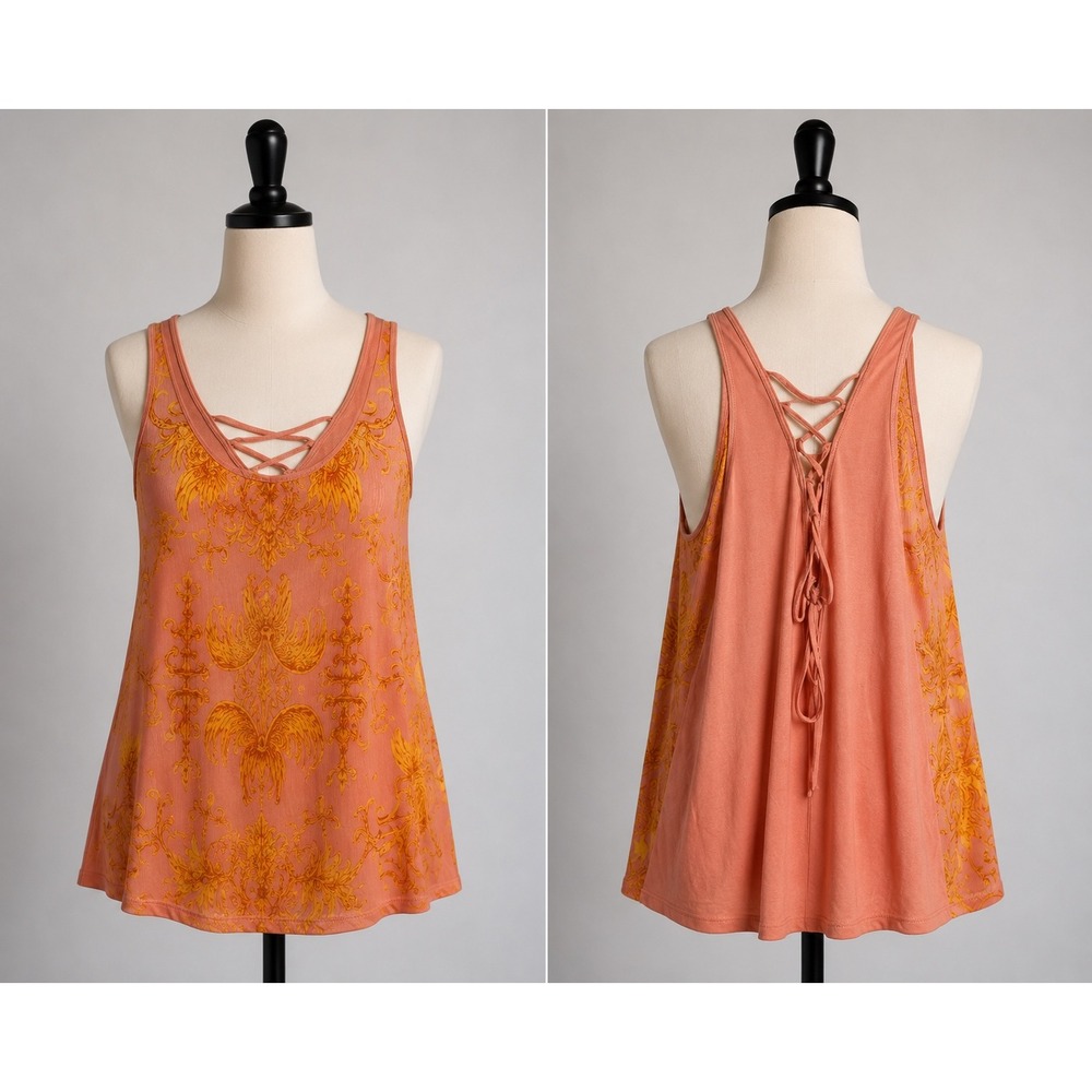 Princess Vera Wang Coral Pink Damask‎ Print Lace Up Back Tank Top Large Boho